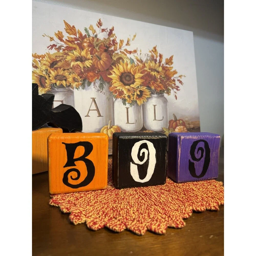Halloween Decor BOO Wooden Block Handmade Set Primitive Farmhouse Tiered Rustic